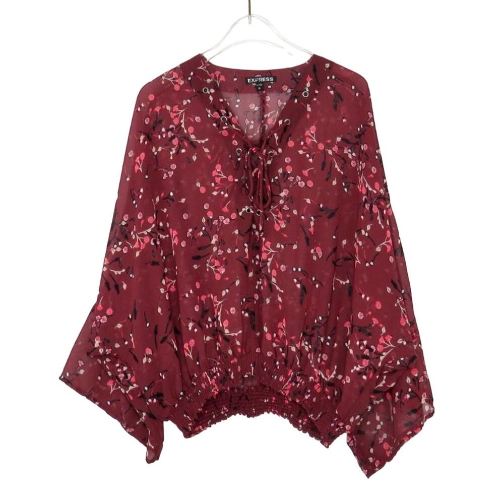 Express Burgundy Floral Blouse V-Neck Tie Neck Peasant Blouse XS Boho Crunchy